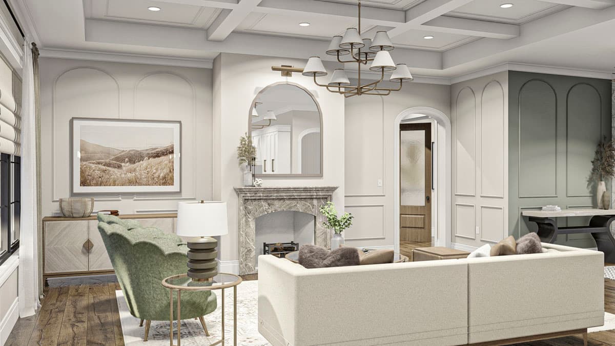 Living room rendering with coffered ceiling, marble fireplace, arched mirror, and neutral toned furniture.
