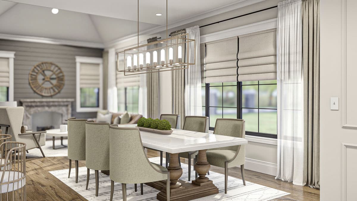 Dining room interior rendering with stone fireplace, dining table with eight chairs, and vaulted ceiling.