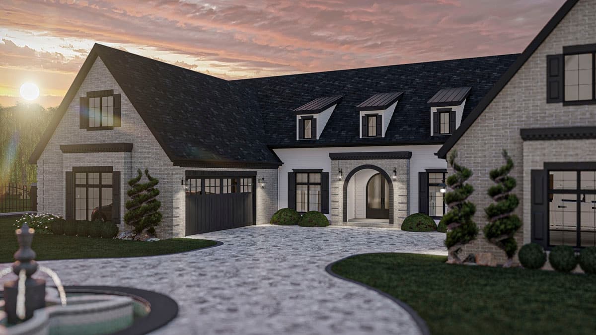House plan exterior: Two-story home with brick facade, black roof, dormer windows, arched entryway, and attached garage.