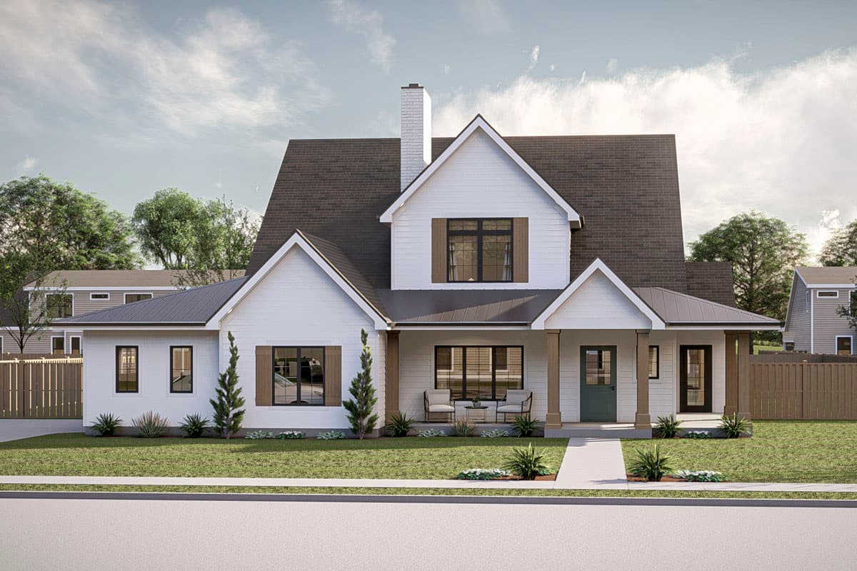 House plan exterior. Two-story Modern Farmhouse with gables, a covered porch, and a dark shingle roof. Features white siding and dark window trim.