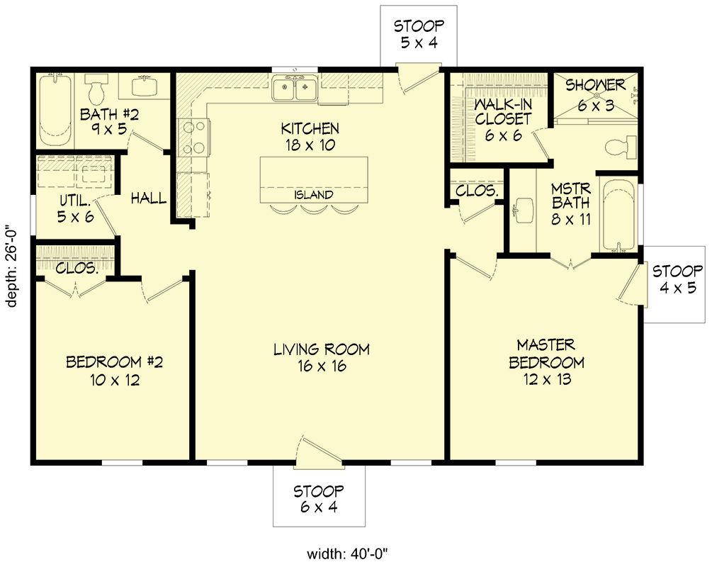 Plan 680268VR: Traditional House Plan with Simple Rectangular Footprint - 1040 Sq Ft - Floor Plan - Main Level - Ranch, Traditional