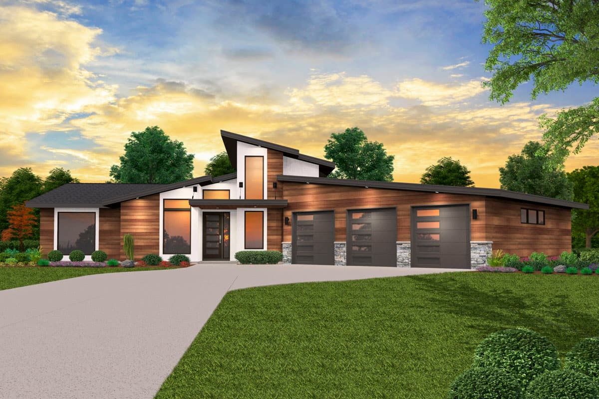 House plan exterior with a modern design featuring a single story, flat and angled rooflines, and a three-car garage.