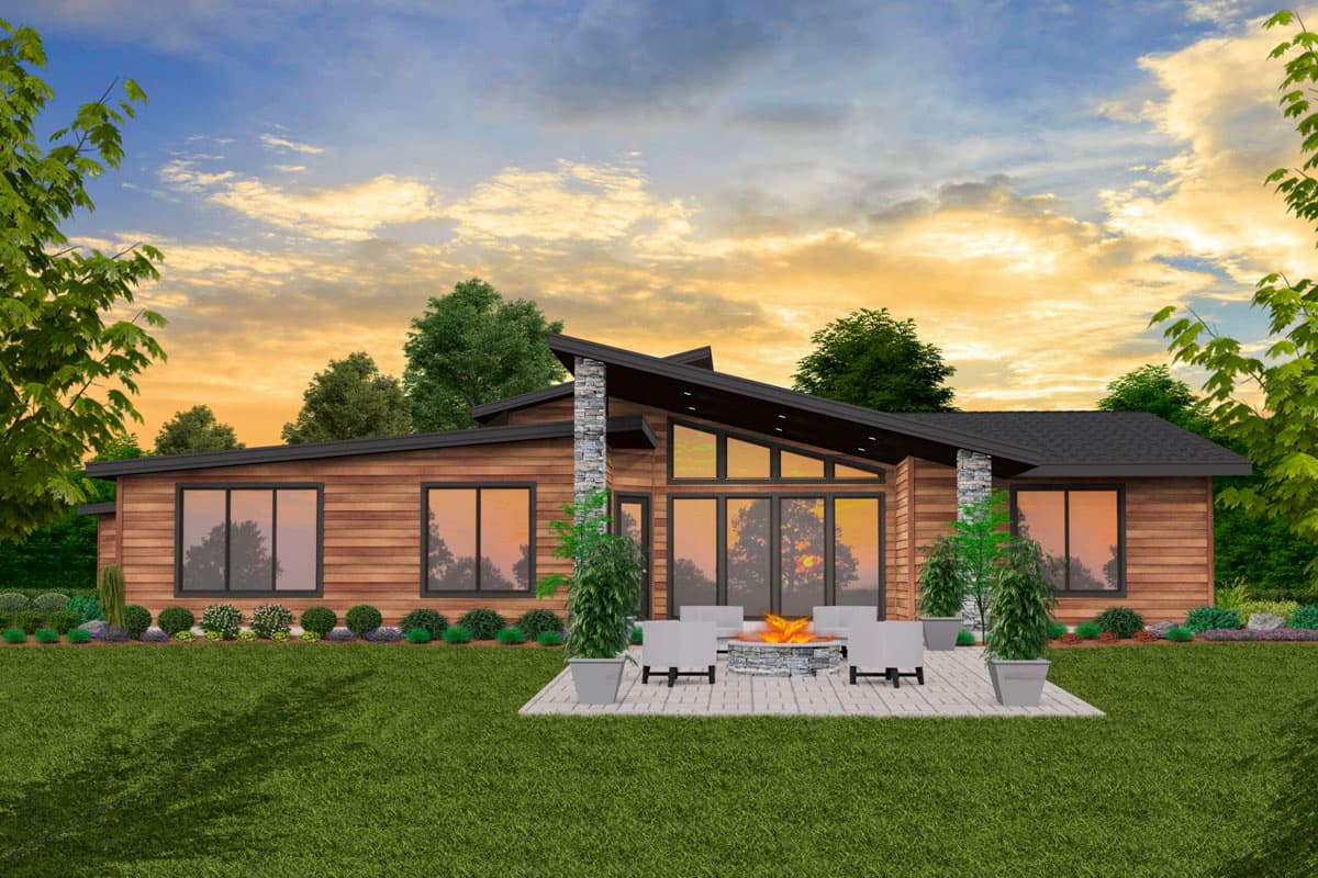 Modern house plan exterior with wood siding, large windows, stone accents, and a dramatic angled roofline.