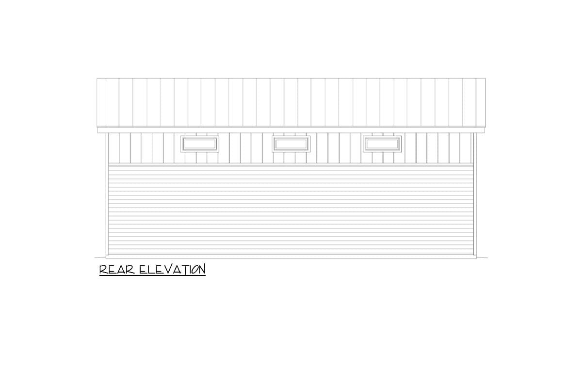 Rear elevation drawing of a house with horizontal siding, vertical board-and-batten upper section, and three small rectangular windows.