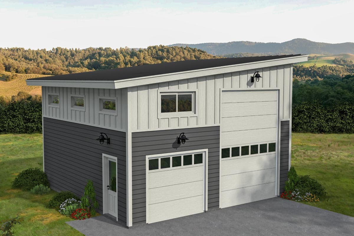 House plan exterior with two-tone siding, a shed roof, and two garage doors. Features include exterior sconces and multi-pane windows.