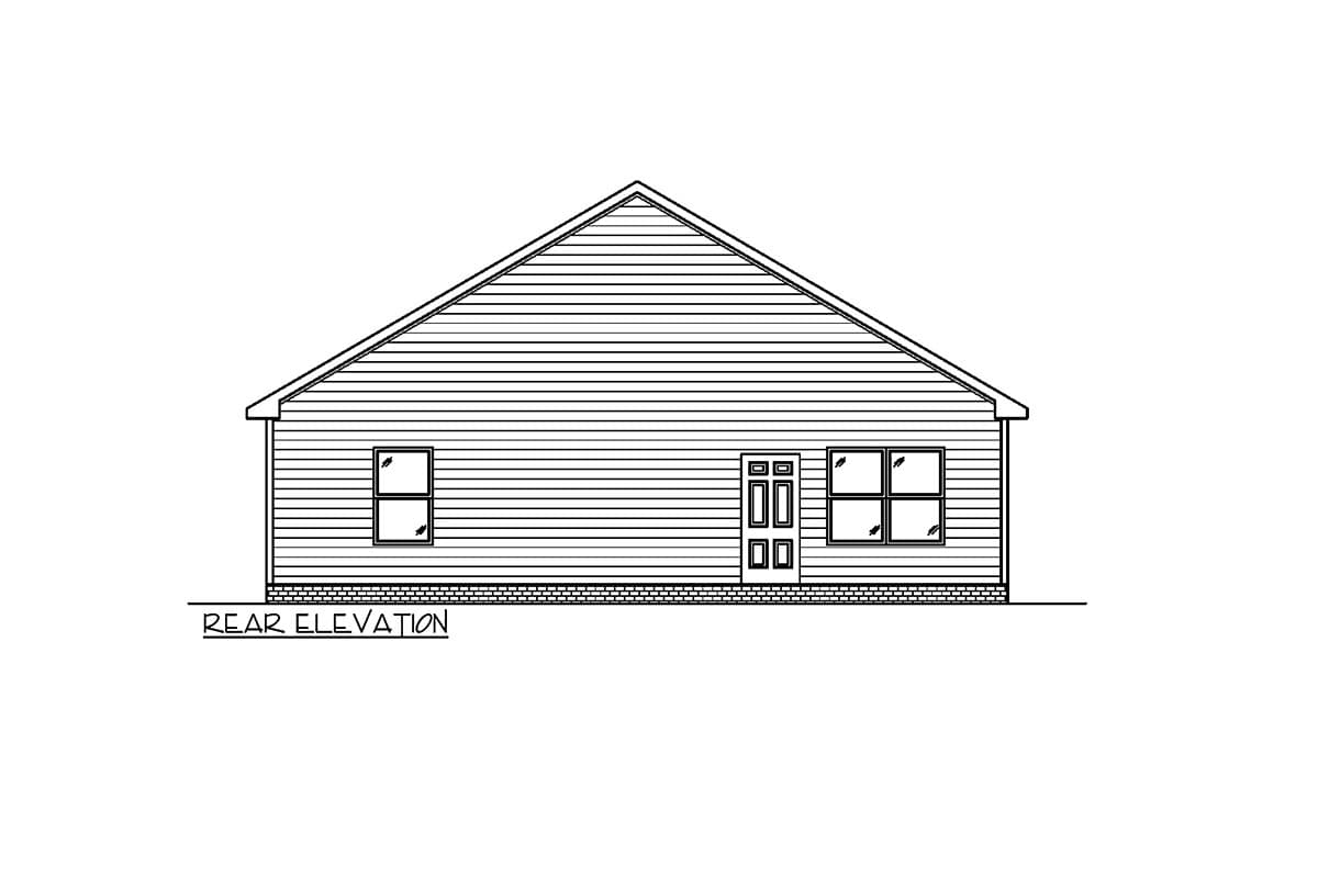 Rear elevation drawing of a single-story house with horizontal siding, three windows, and a double door.