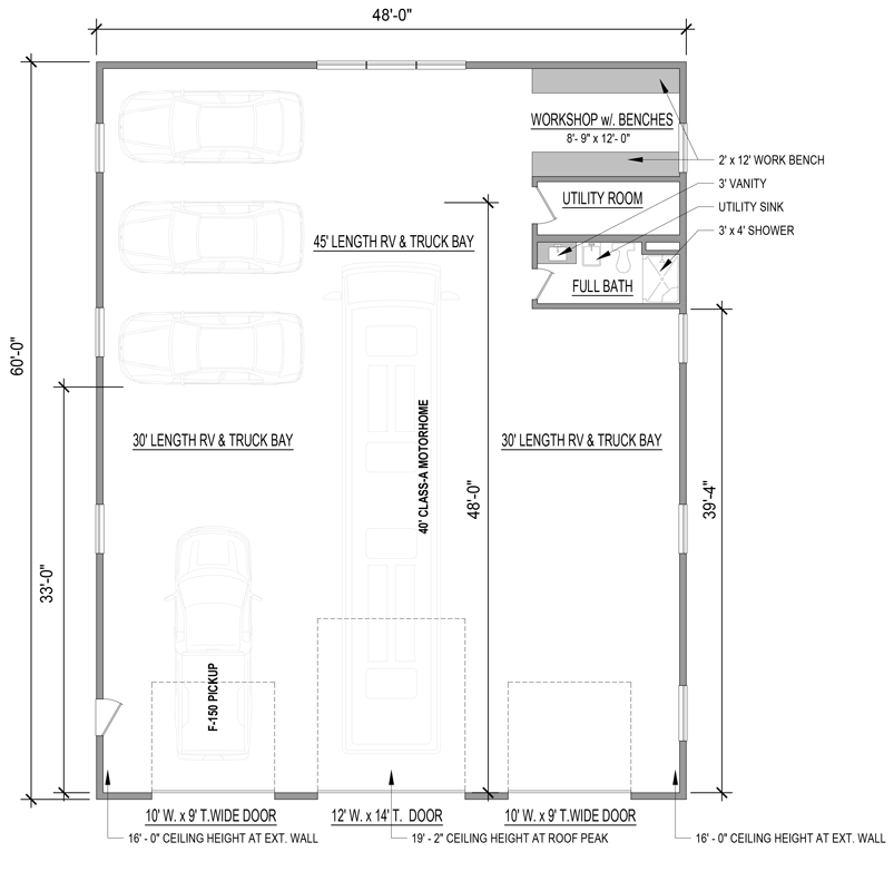 Plan 654020KNA: RV Garage Barn with Shop Space and Full Bath - 2880 Sq Ft - Floor Plan - Main Level - Barndominium, Country, Modern Farmhouse
