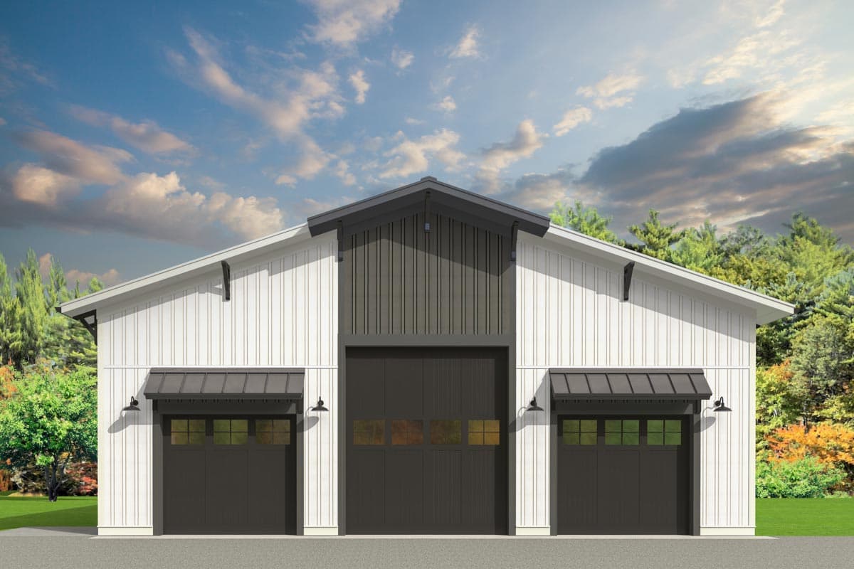 House plan exterior with a gable roof, three garage bays, and awnings. Vertical siding and dark trim accent the facade.