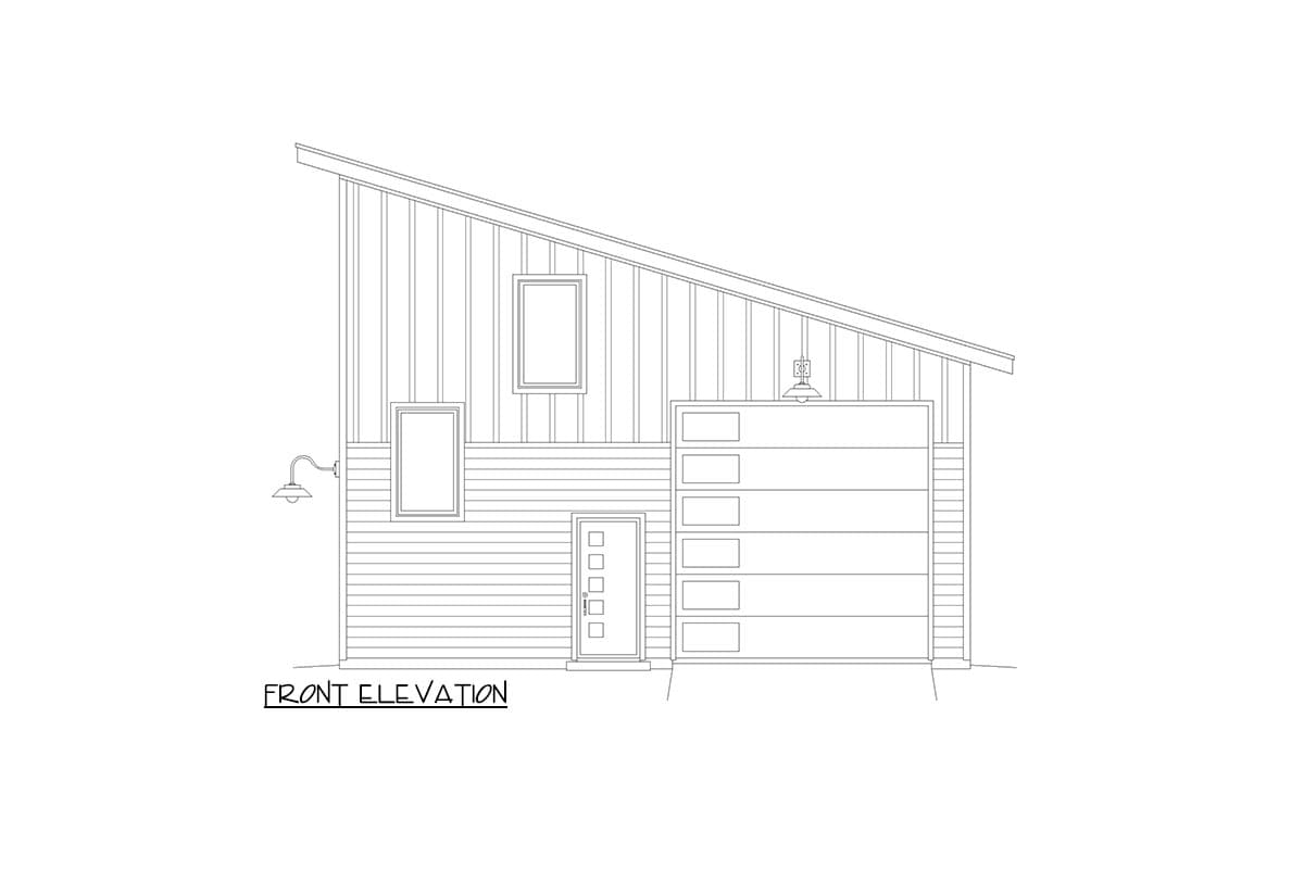 Front elevation drawing of a house with a shed roof, garage door, and one entrance door.