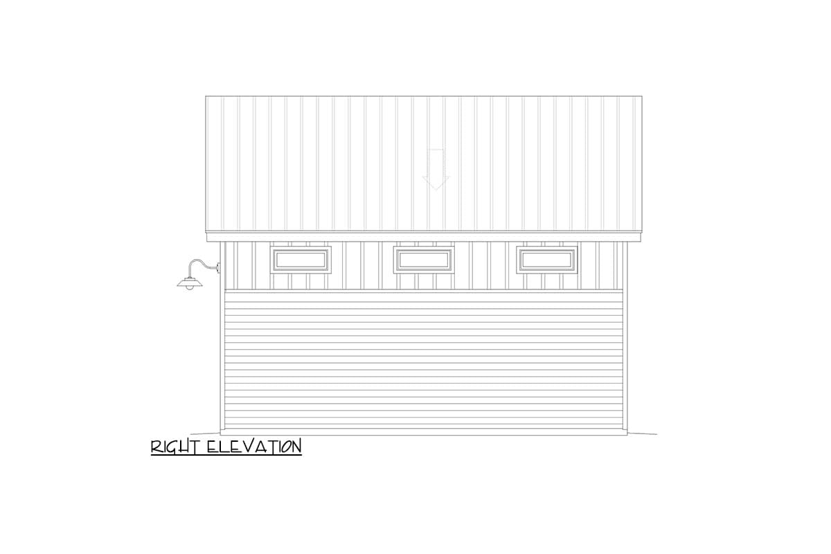 Right elevation drawing of a house plan featuring horizontal siding, three rectangular windows, and a vertical plank gable end.