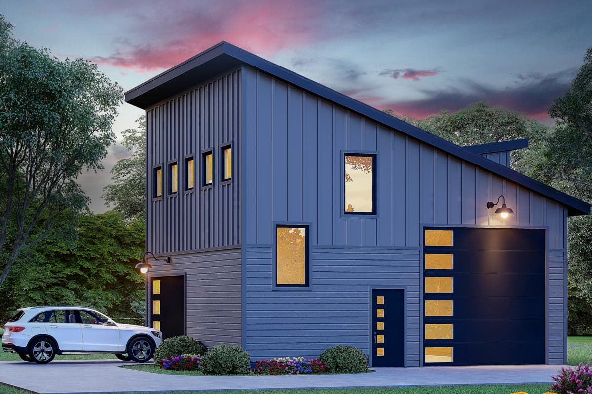House plan exterior. Modern style, two-story home with a shed roof, vertical siding, and a two-car garage. Features multiple windows.