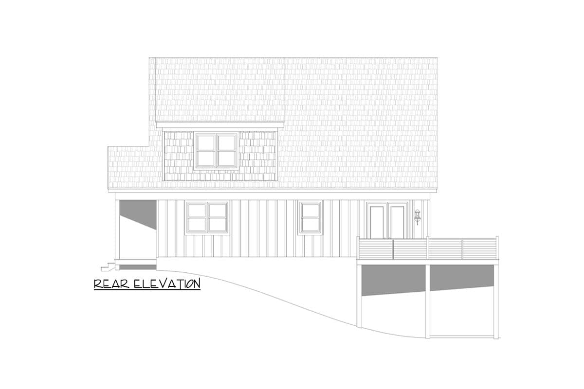 Rear elevation drawing of a two-story house plan with a dormer, covered porch, and deck.