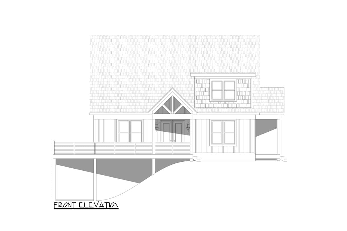 Front elevation house plan showing a two-story structure with a covered deck, gabled entrance, and decorative brackets.