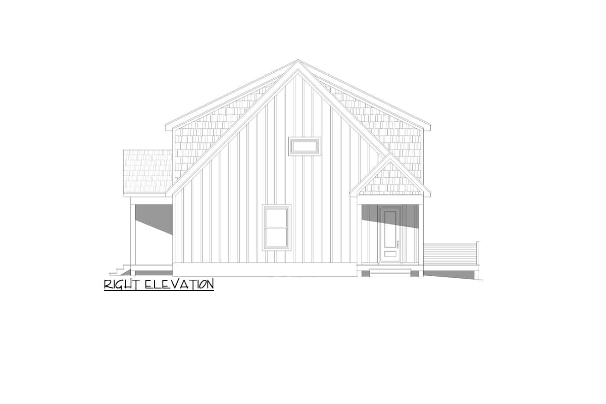 Right elevation house plan showing a two-story design with gabled roof, vertical siding, and covered porch with railing.