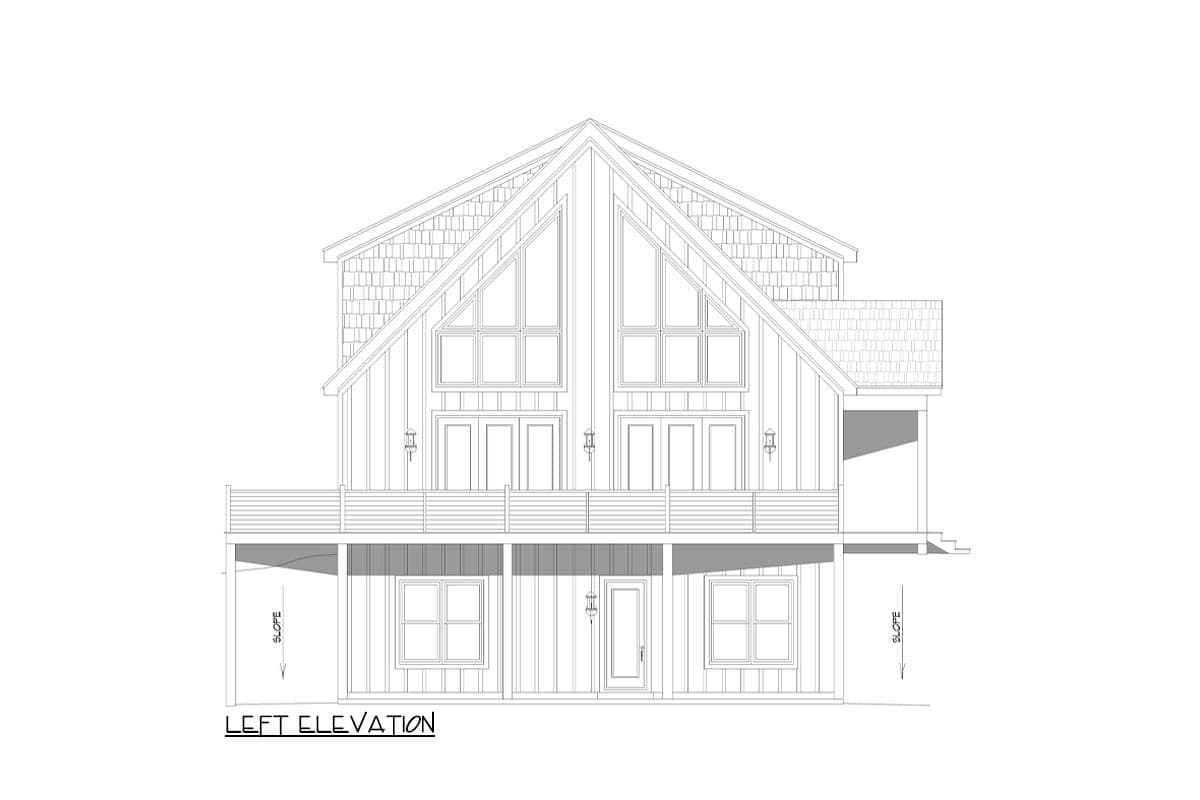Left elevation house plan with two stories, prominent gables, upper and lower decks, and a sloping foundation.