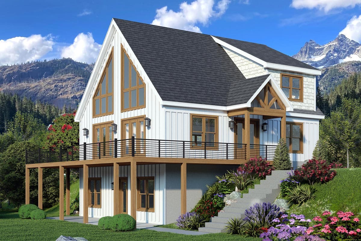 House plan exterior. Two-story Modern Farmhouse with a gable roof, covered porch, and a raised deck with railings.