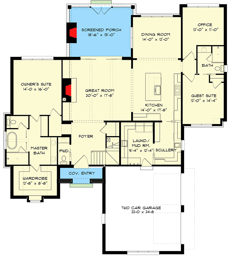 Plan 93207EL: 2 Story Transitional House Plan with Home Office and Finished Bonus Room - 3693 Sq Ft - Floor Plan - Main Level - European, Transitional, Tudor