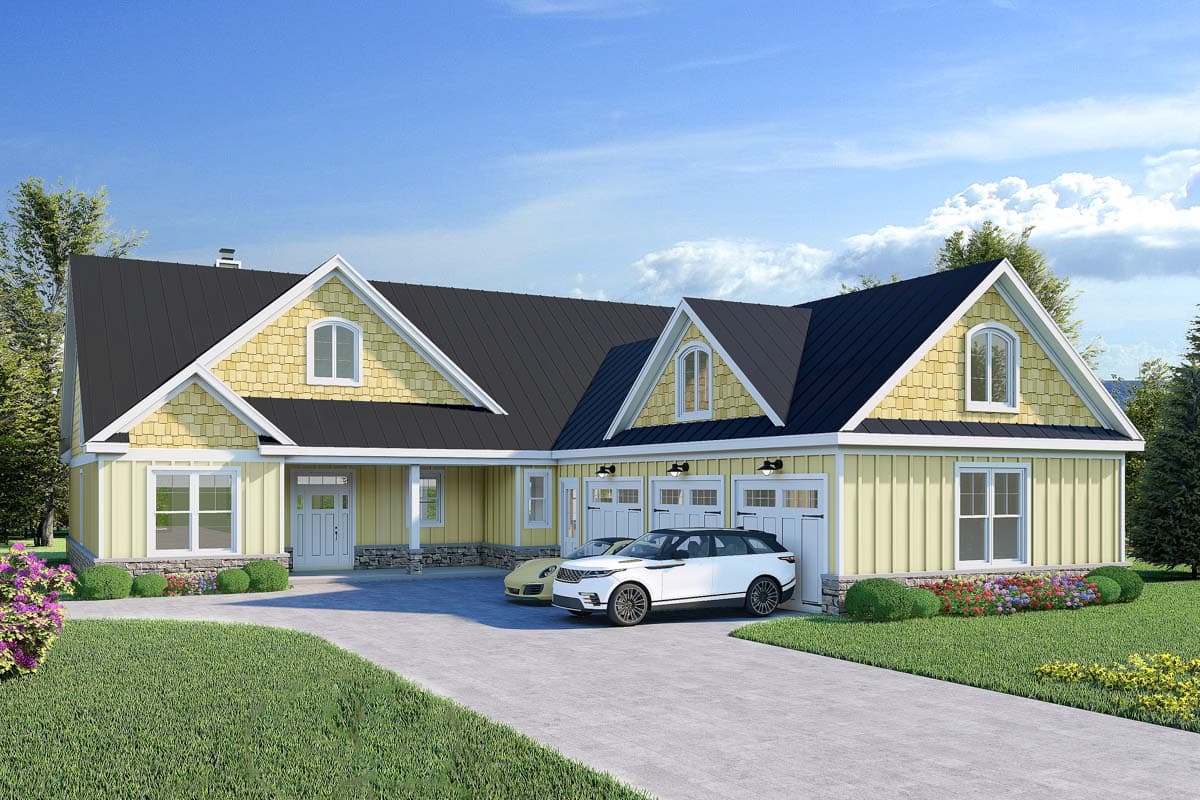House plan exterior. Two-story, Craftsman-style home with multiple gables, arched windows, and a three-car garage.
