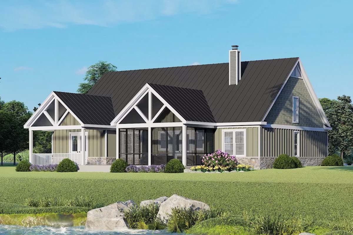 Modern Farmhouse house plan exterior with gabled dormers, a screened porch, and a metal roof.