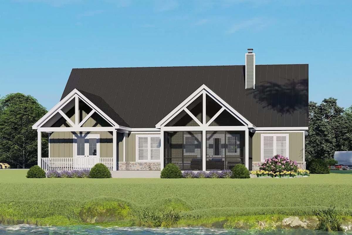 House plan exterior: one-story Modern Farmhouse with gabled roof, covered front porch, screened porch, and stone foundation.