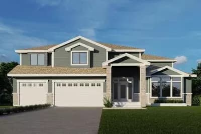 2-Story Prairie-Style House Plan with 3-Car Garage - 3402 Sq Ft