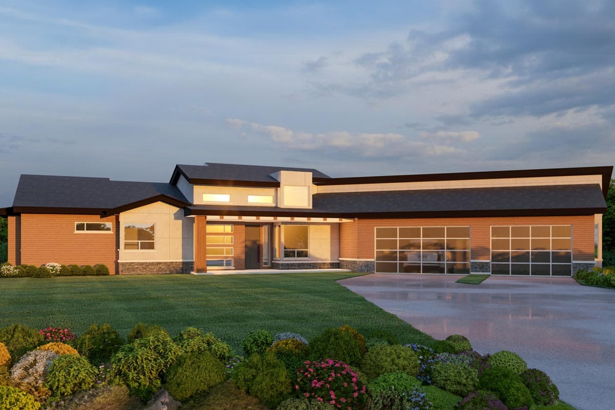 Modern house plan exterior, one story, with wood siding, stone accents, cantilevered rooflines, and two glass garage doors.