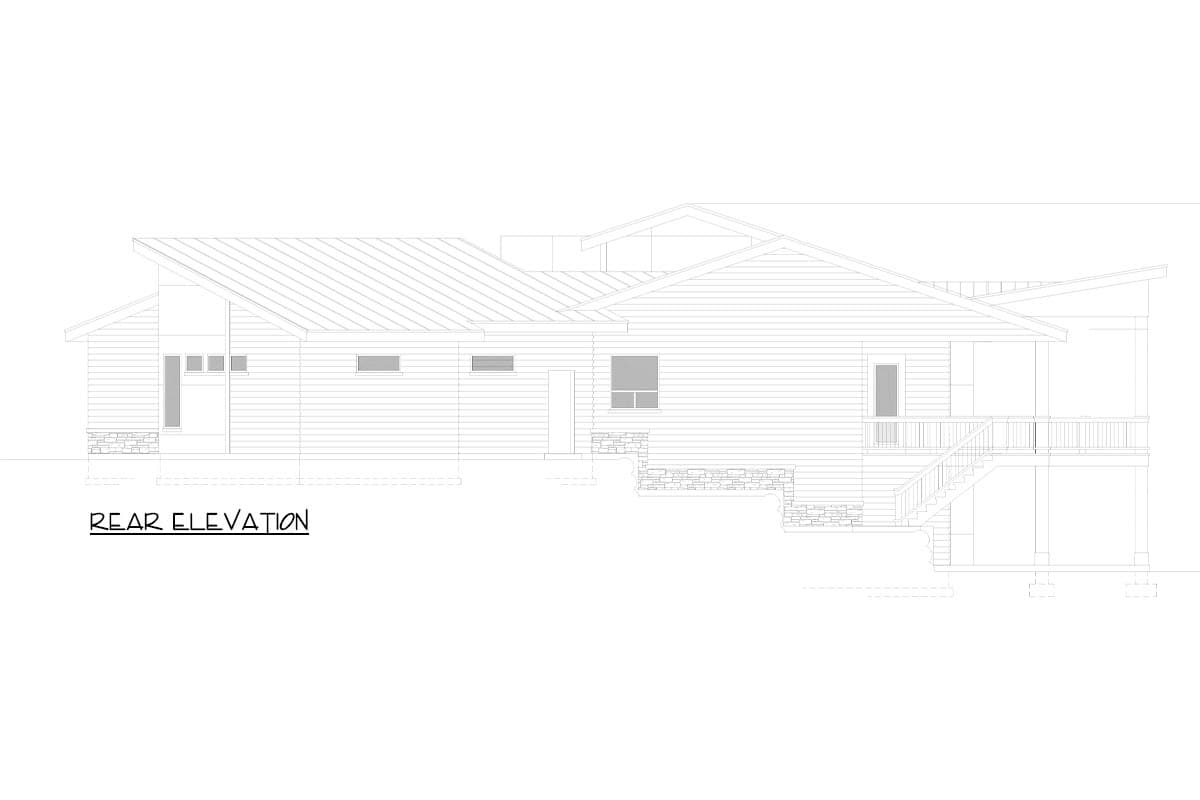 Rear elevation drawing of a single-story house with a metal roof, stone accents, and a covered porch with stairs.