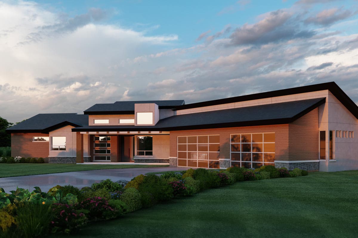 House plan exterior. Modern style, single story home with flat and shed rooflines, a glass garage door, and a covered entry with supporting columns.