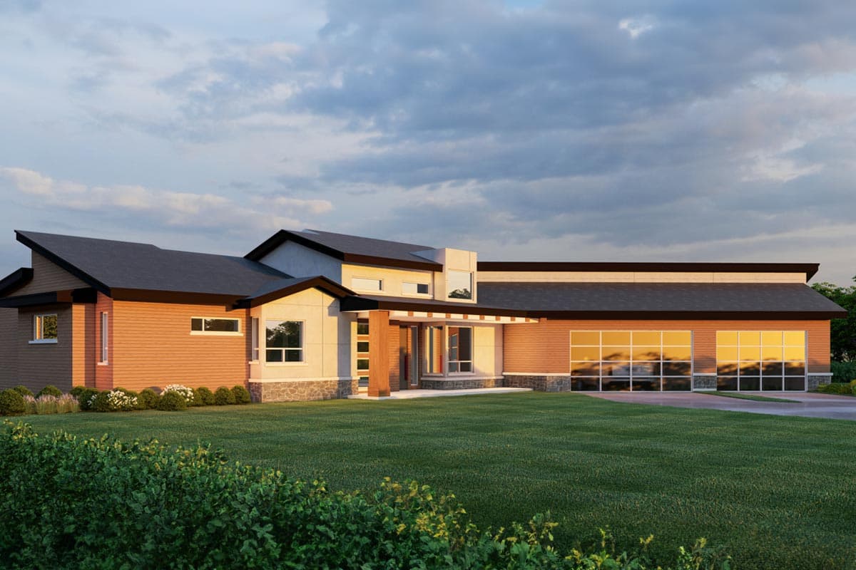 Modern house plan exterior featuring a low-slung roofline, wood siding, stone accents, and large garage doors.