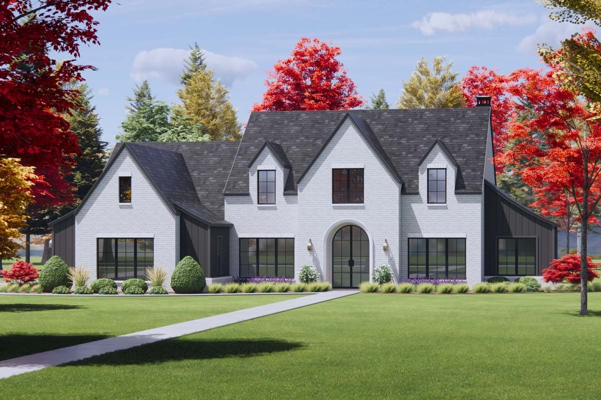 House plan exterior: Two-story Modern Farmhouse with white brick, dark metal siding, gabled dormers, and arched entryway.