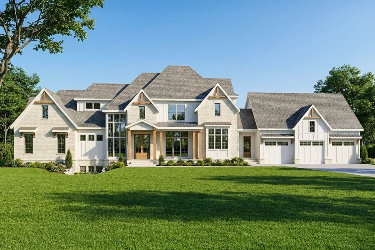 House plan exterior: Modern Farmhouse style, two stories, white brick, gabled dormers, covered entry, and attached three-car garage.
