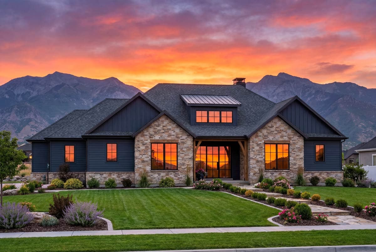 House plan exterior: This one-story Modern Farmhouse features stone and siding, a covered entry with wood beams, and a dormer with a metal roof.