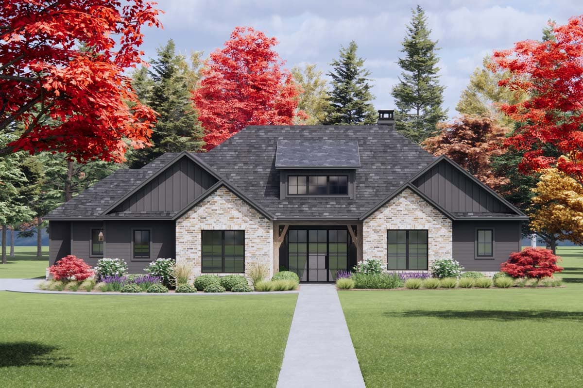 House plan exterior with board and batten siding, brick accents, and a gabled roof. Features include large windows and a covered entry.