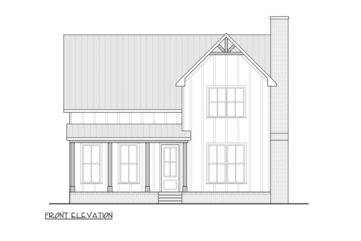 Front elevation of a two-story house plan featuring a gabled front, covered porch, and brick chimney.