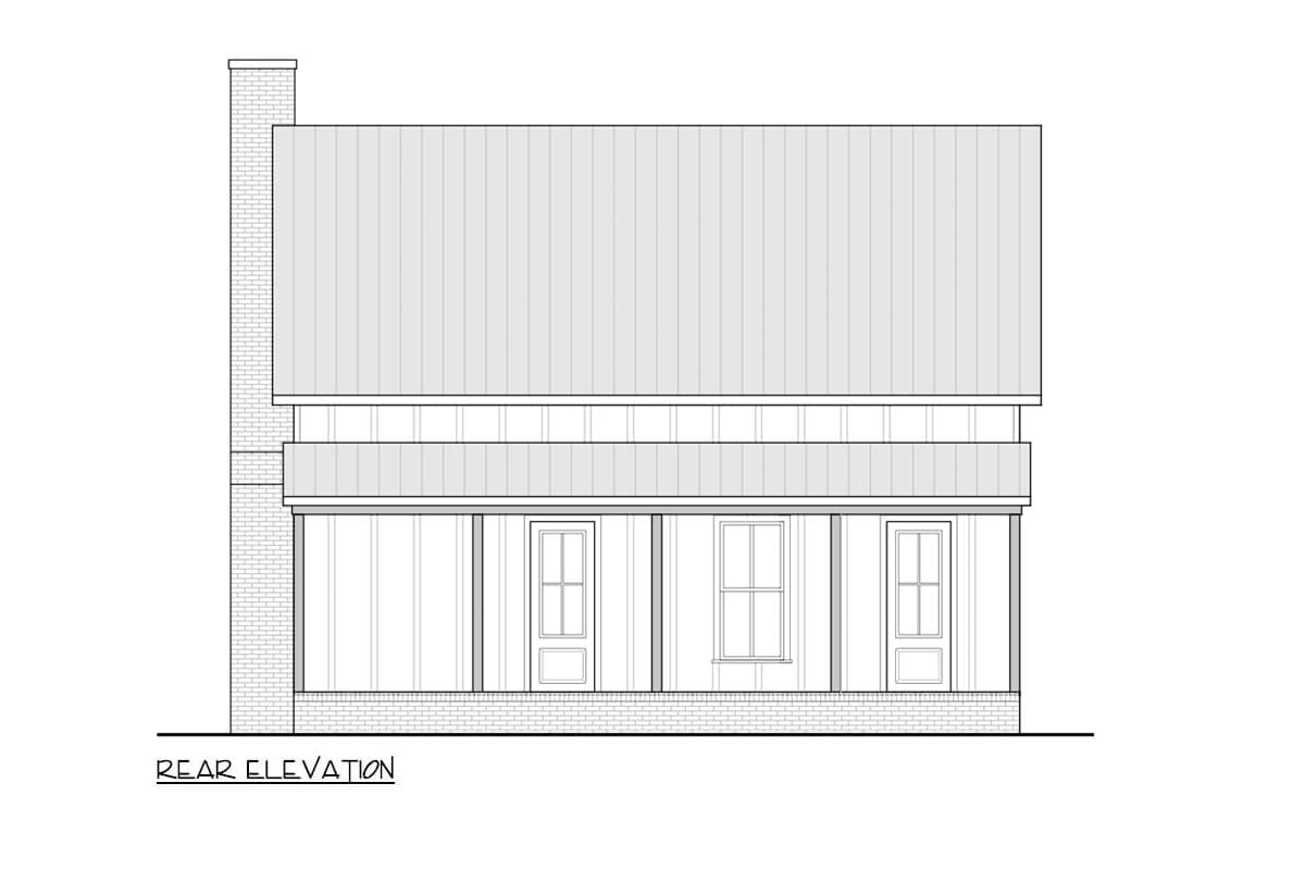 Rear elevation drawing showing a two-story house with a metal roof, gabled dormer, and a covered porch with three doors.