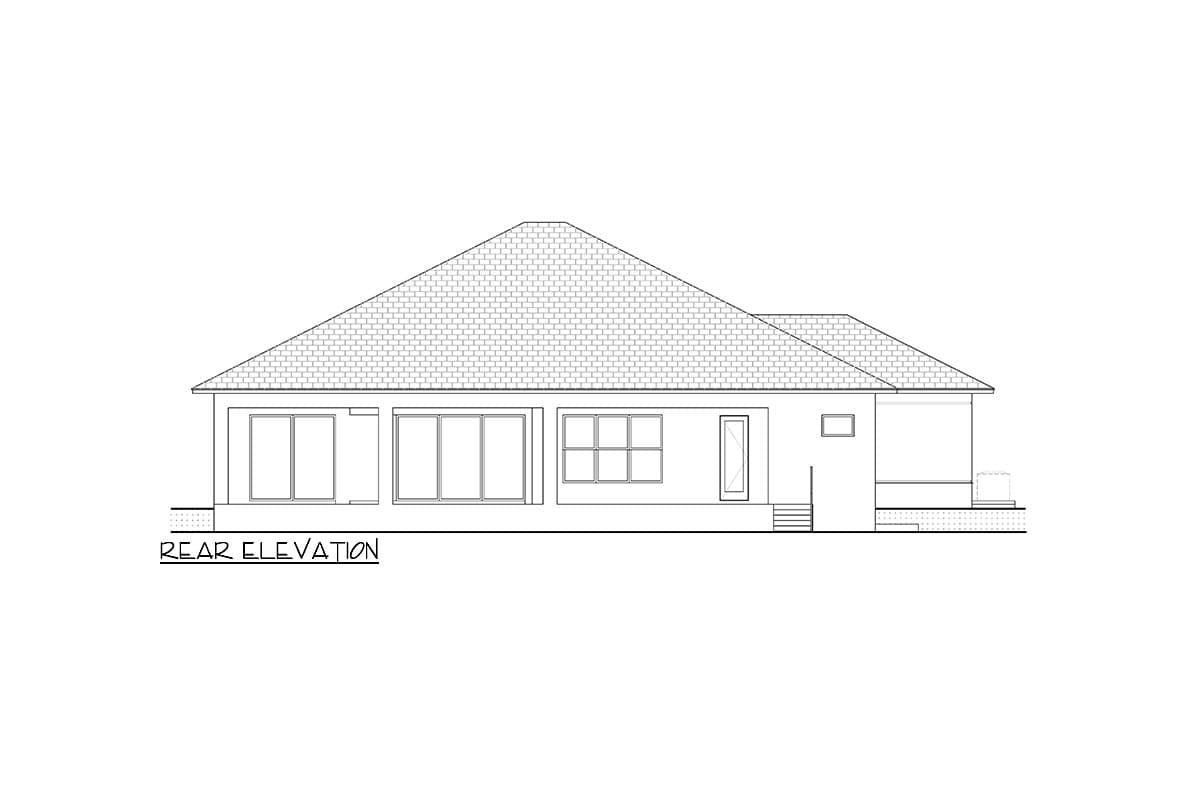 Rear elevation drawing of a single-story house plan with a large hip roof, sliding glass doors, and a covered patio.