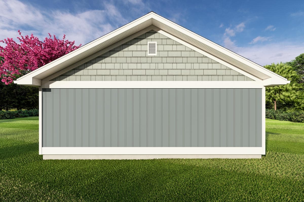 House plan exterior with vertical siding, shaker shingles, gable vent, and overhanging eaves.