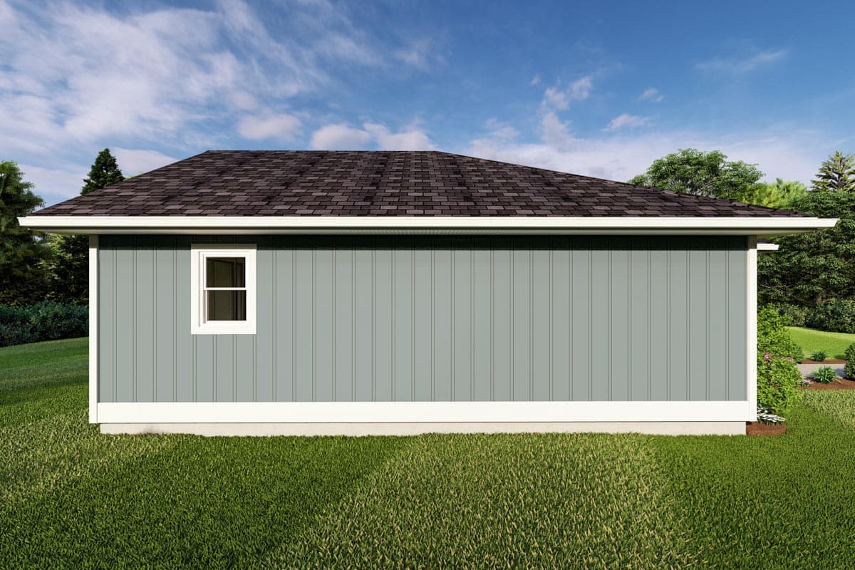 House plan exterior, single story, with vertical siding, a simple roofline, and one window.