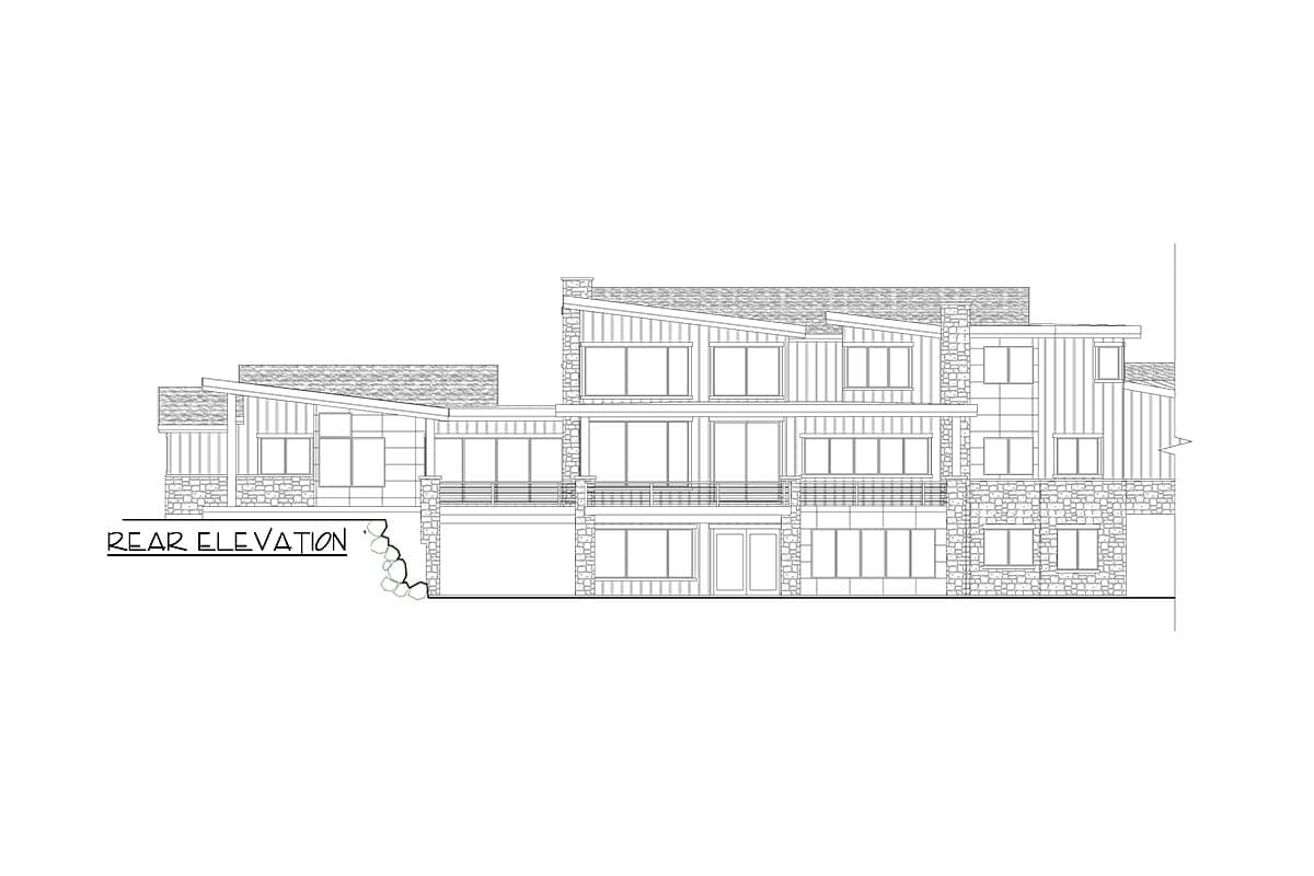 Rear elevation house plan showing a multi-story modern home with stone and vertical siding, multiple balconies, and angled rooflines.