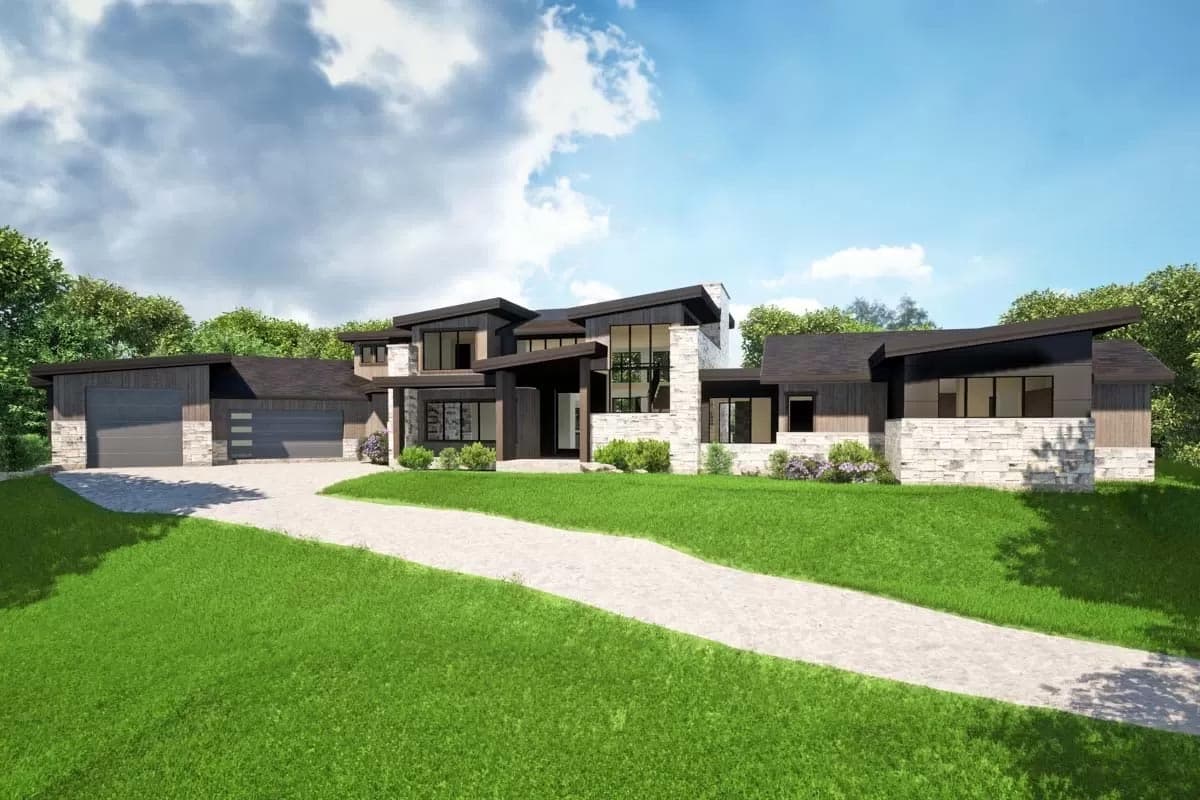 House plan exterior. Modern style, multi-level home with a flat roof and stone facade. Includes a garage and large windows.