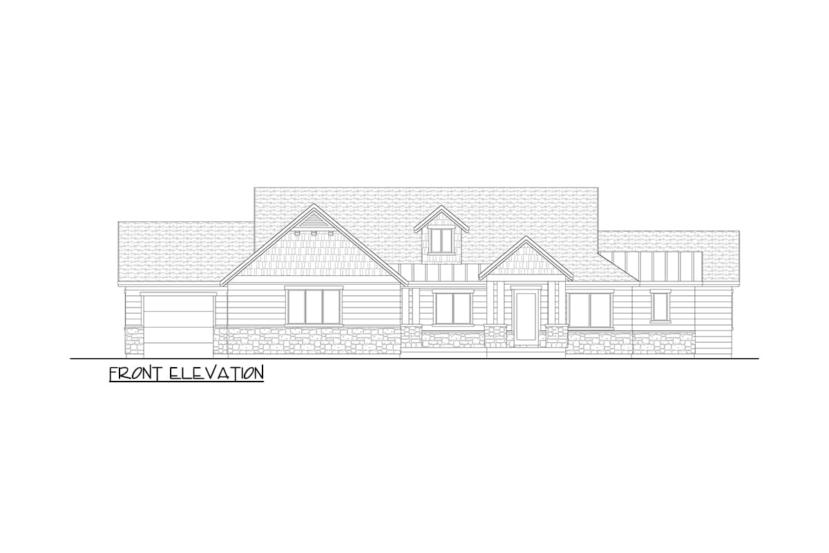 Front elevation house plan with gables, dormer, stone base, and integrated garage.
