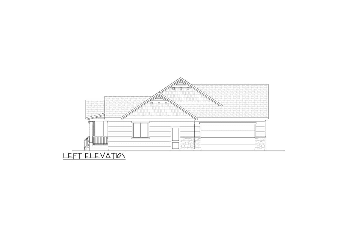 Left elevation drawing of a single-story house with a porch, gables, and attached garage.