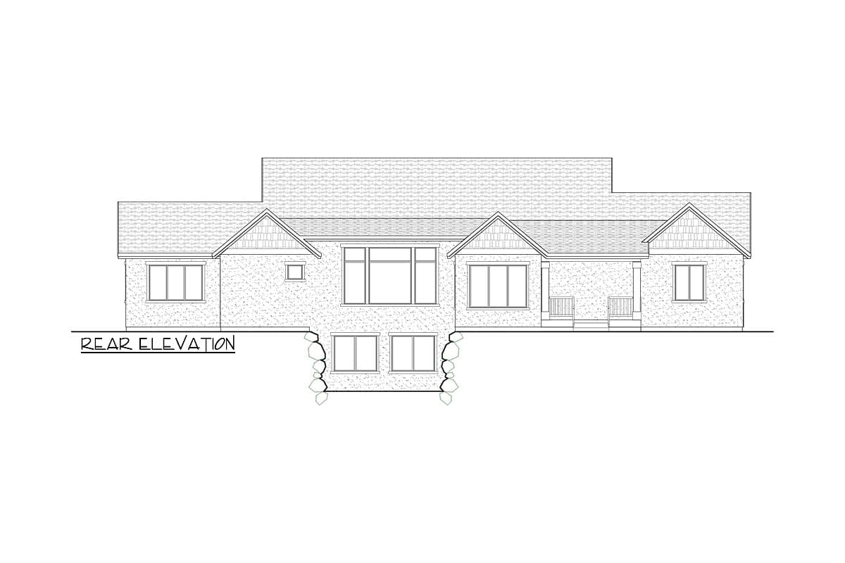 Rear elevation drawing of a house plan with multiple gables, a covered porch, and a large central window.