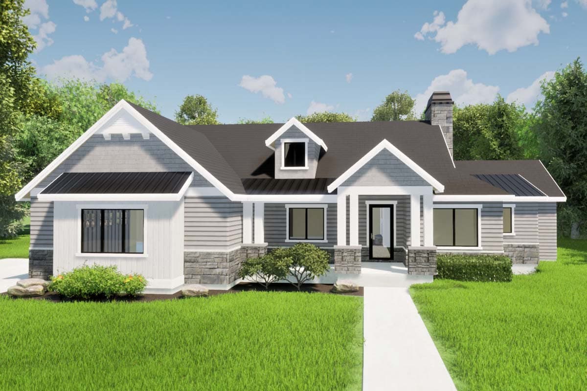 House plan exterior. Ranch style with a front porch, gables, a dormer, and stone accents. Features a dark gray roof and siding.