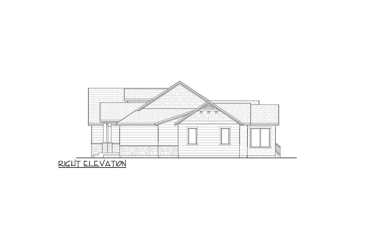 Right elevation drawing of a house plan featuring stone foundation, horizontal siding, and a prominent gable with decorative vents.