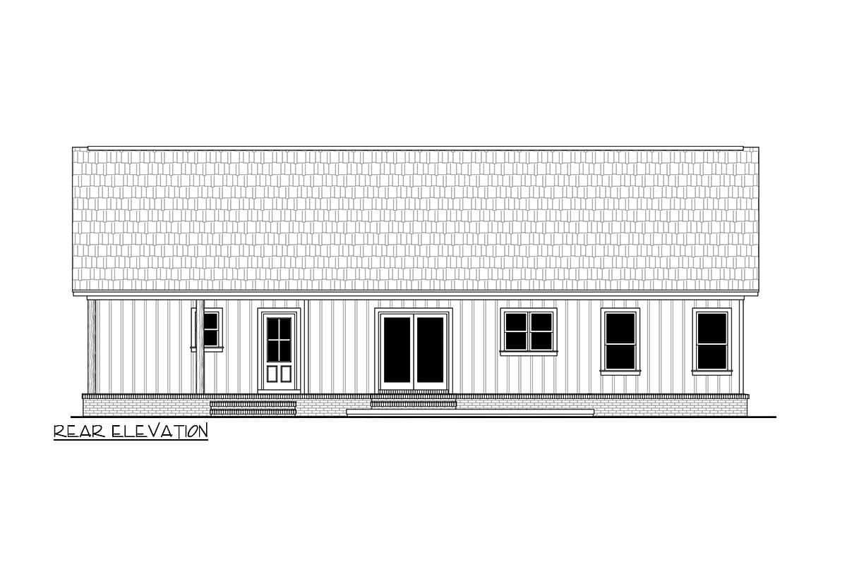 Rear elevation house plan showing a single-story structure with a shingled roof, vertical siding, one door, sliding glass doors, and four windows.