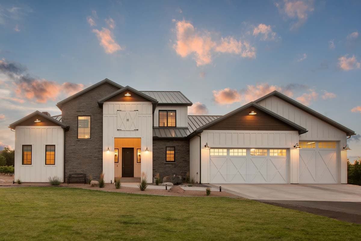 House plan exterior. Two-story Modern Farmhouse with board and batten siding, multiple gables, and a side-entry garage. Metal roof and entry porch.