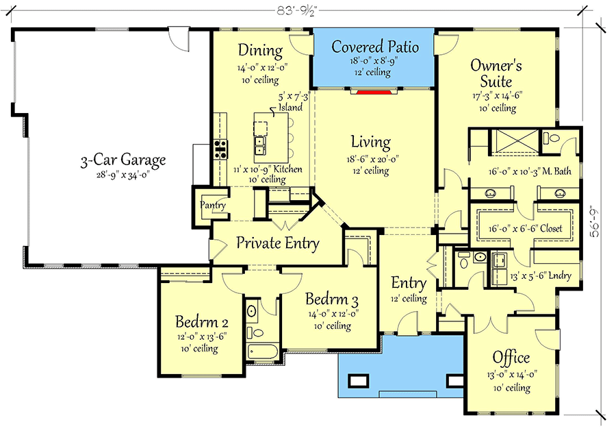 Plan 833007WAT: 3-Bed Modern Prairie Ranch House Plan with Home Office - 2616 Sq. Ft. - Floor Plan - Main Level - Modern, Prairie, Ranch