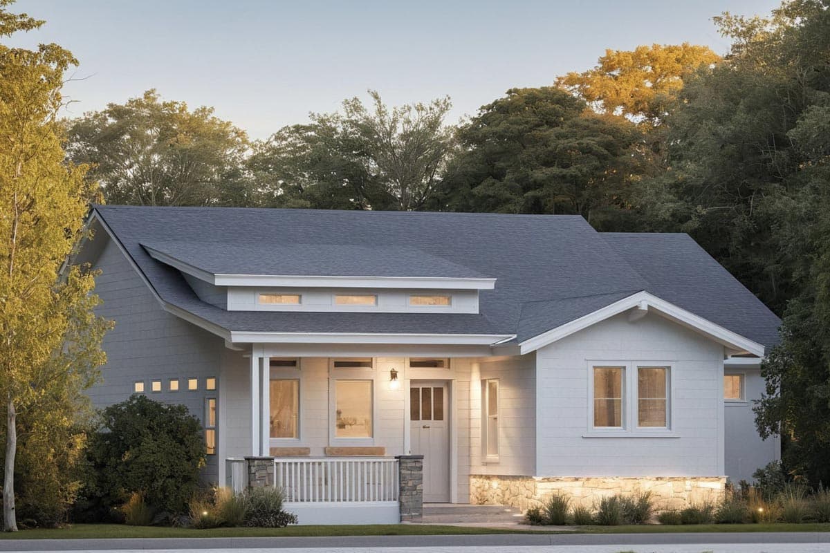 House plan exterior. Craftsman style, one story home with a front porch, gabled roofline, and dormers. Features include a light-colored exterior.