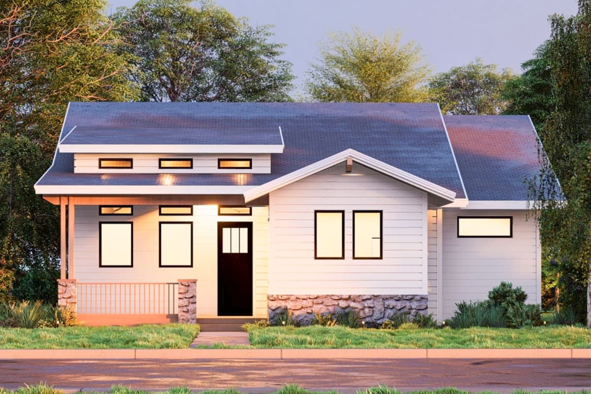 House plan exterior: One-story Modern Farmhouse with hip roof, gable, porch, and stone foundation.